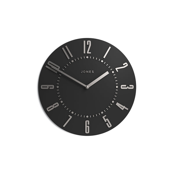 Front view - Juke Convex wall clock by Jones Clocks in dark grey with a retro style silver dial - JJUKEBGYS30