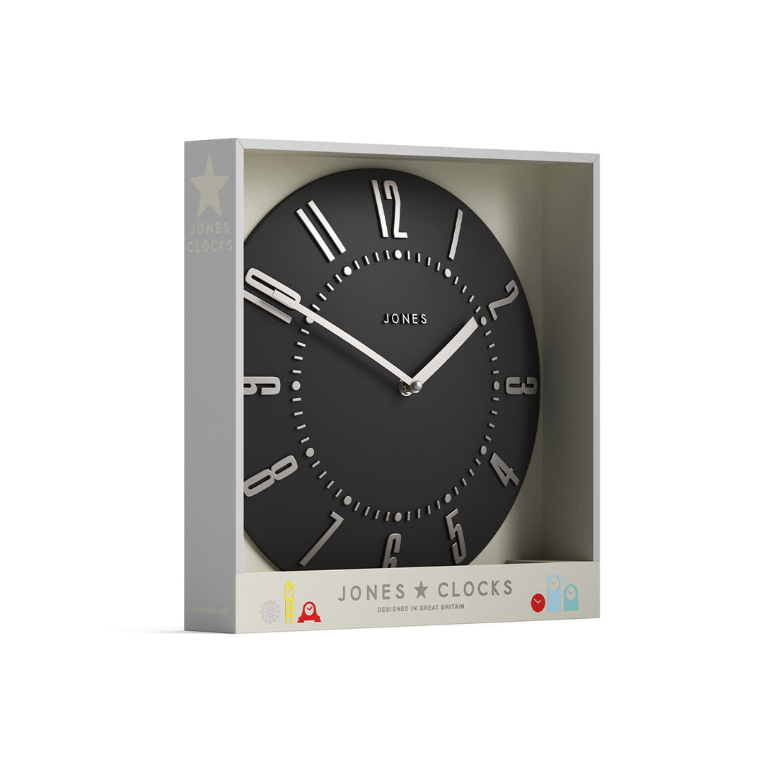 Juke Convex wall clock by Jones Clocks in dark grey with a retro style silver dial in packaging - JJUKEBGYS30