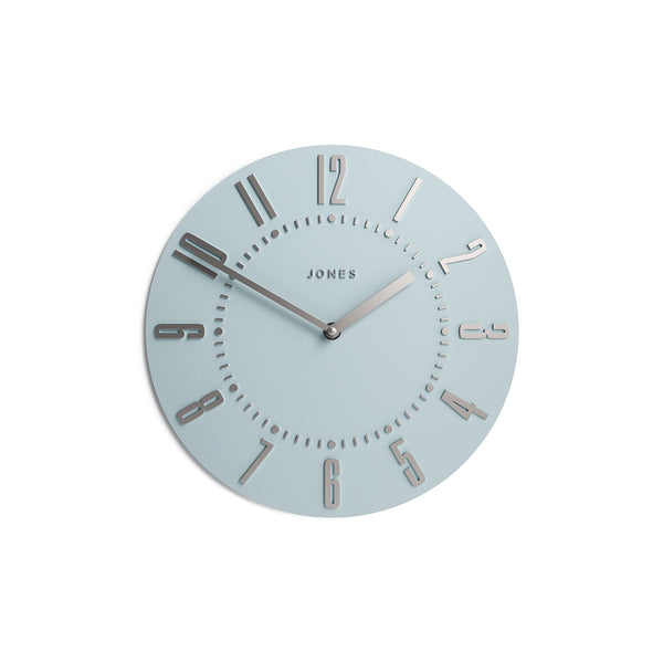 Front view - Juke Convex wall clock by Jones Clocks in pale blue with a retro style silver dial - JJUKECBLS30