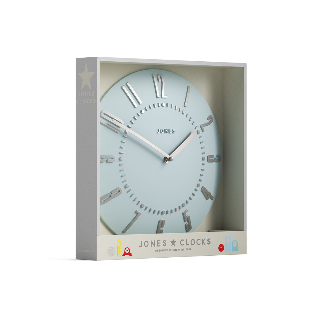 Juke Convex wall clock by Jones Clocks in pale blue with a retro style silver dial in packaging - JJUKECBLS30