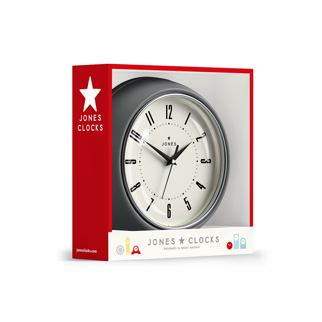 Ketchup retro wall clock by Jones Clocks in grey with vintage-influenced dial, in packaging - JKETC214CGY
