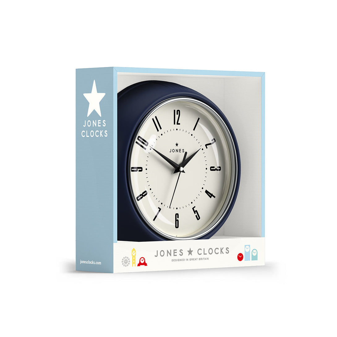 Ketchup retro wall clock by Jones Clocks in indigo blue with vintage-influenced dial in packaging - JKETC214IBL