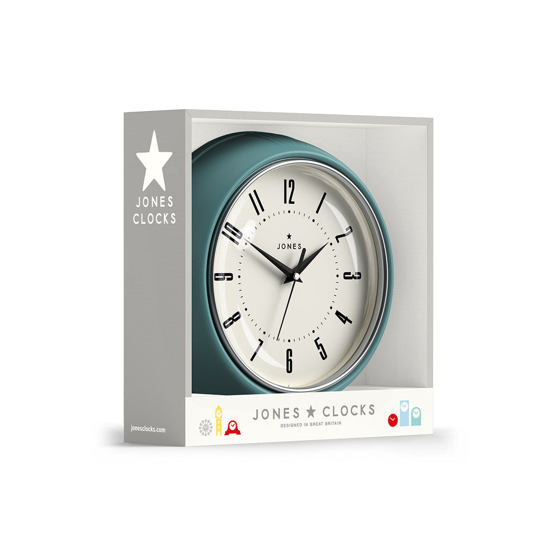 Ketchup retro wall clock by Jones Clocks in teal with vintage-influenced dial in packaging - JKETC214TE