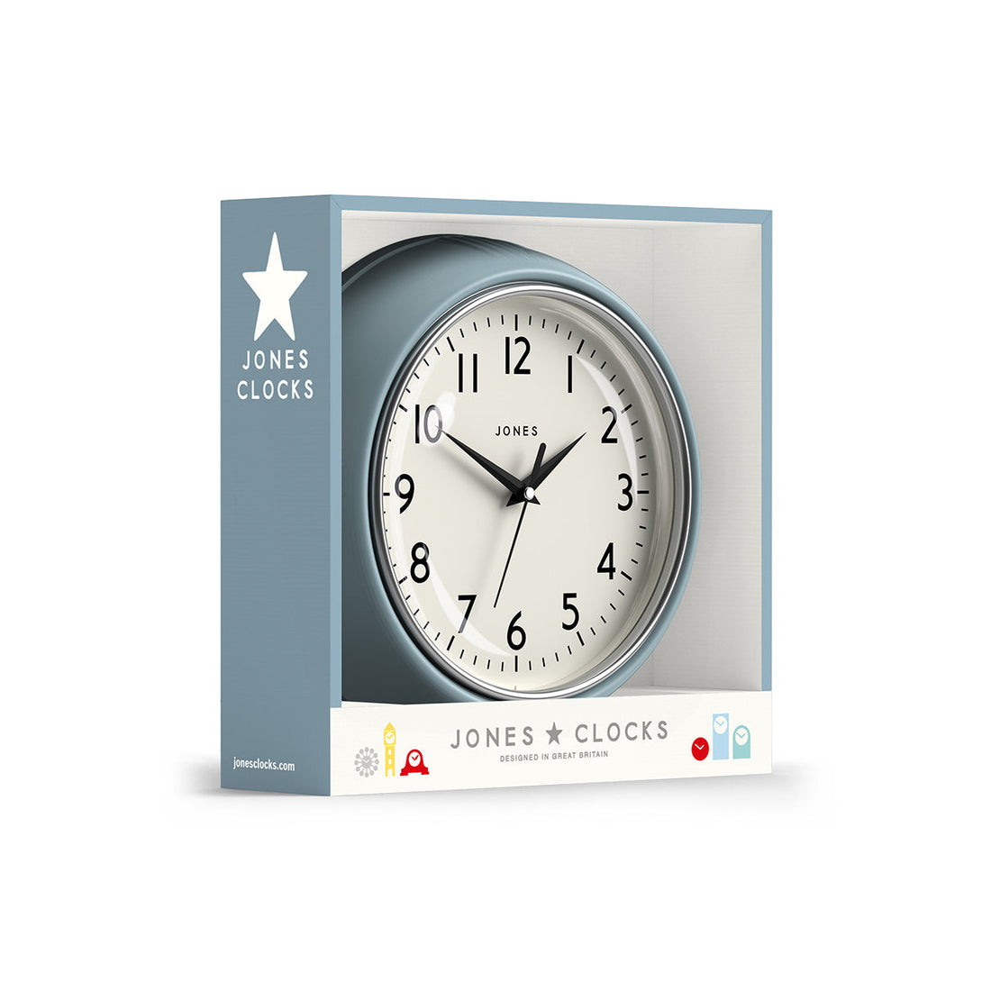 Ketchup retro wall clock by Jones Clocks in pale blue with vintage-influenced dial, in packaging - JKETC223CBL