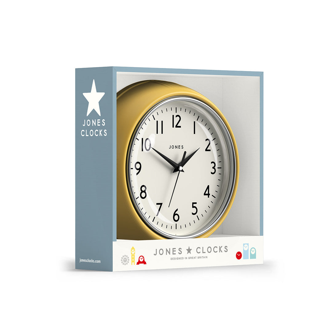 Ketchup retro wall clock by Jones Clocks in yellow with vintage-influenced dial, in packaging - JKETC223CHY