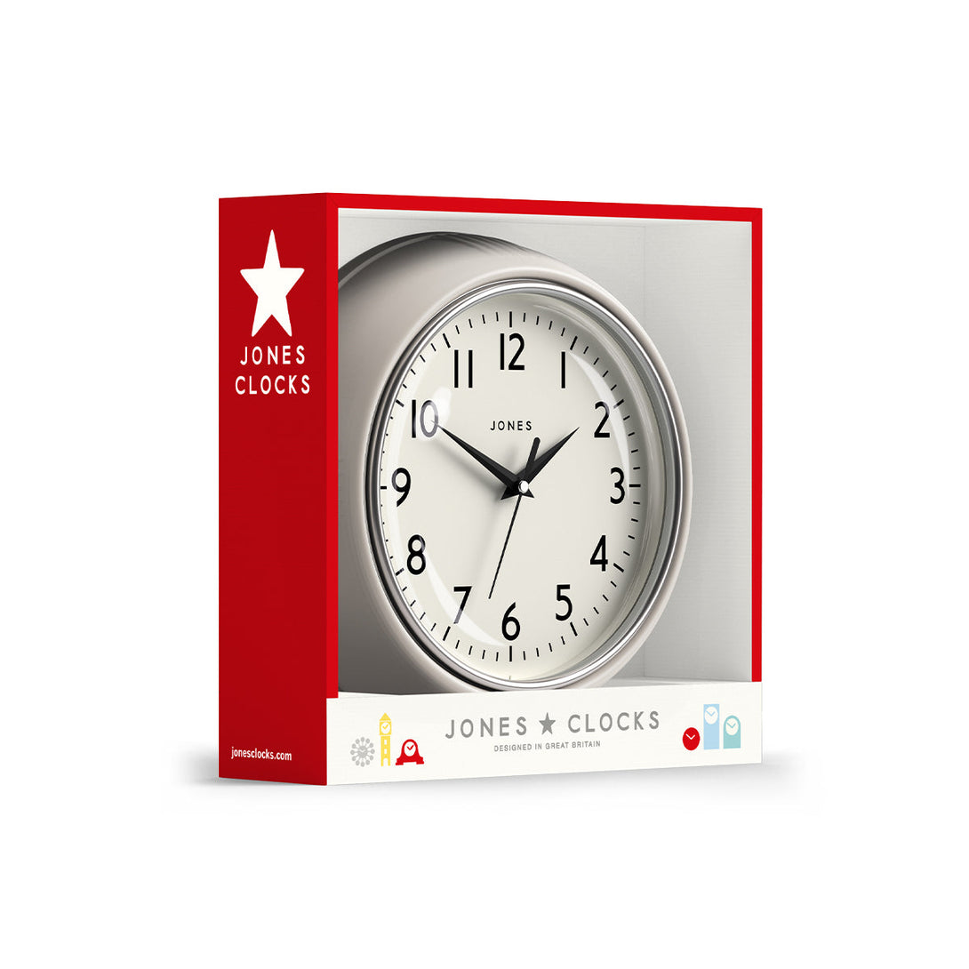 Ketchup retro wall clock by Jones Clocks in powder grey with vintage-influenced dial, in packaging - JKETC223LGY