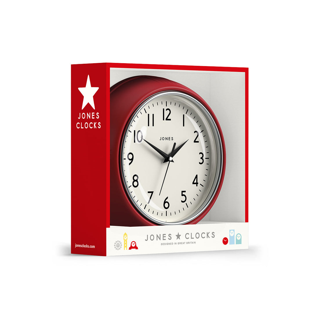 Ketchup retro wall clock by Jones Clocks in red with vintage-influenced dial, in packaging - JKETC223R