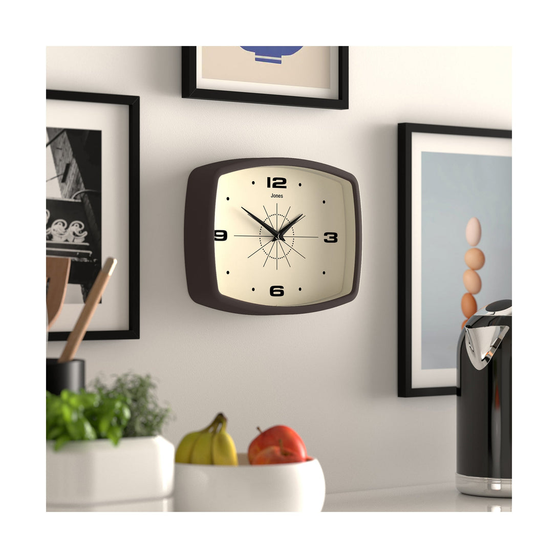 Skew kitchen wall - Movie small wall clock by Jones Clocks in mocha brown with a retro vintage dial - JMOV209MB
