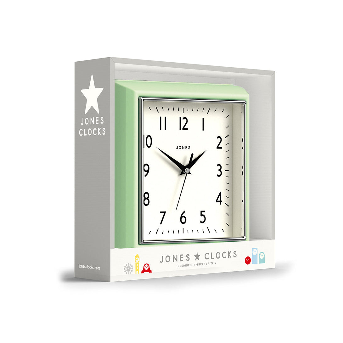 Packaging - Mustard wall clock by Jones Clocks in mint green with a square retro style case and a contemporary dial - JMUST741NM