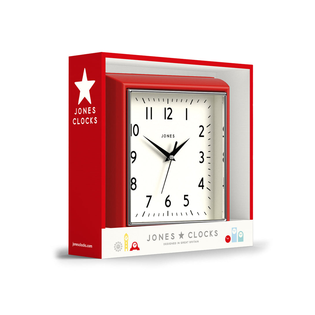 Packaging - Mustard wall clock by Jones Clocks in red with a square retro style case and a contemporary dial - JMUST741R