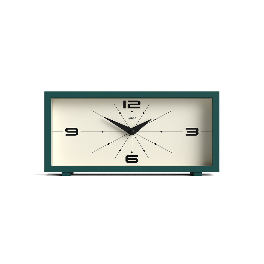 Front - Odeon mantel clock by Jones Clocks in eden green with a retro-inspired dial and simplified numerals, for mantelpiece, shelving, or desks - JODE95EDG