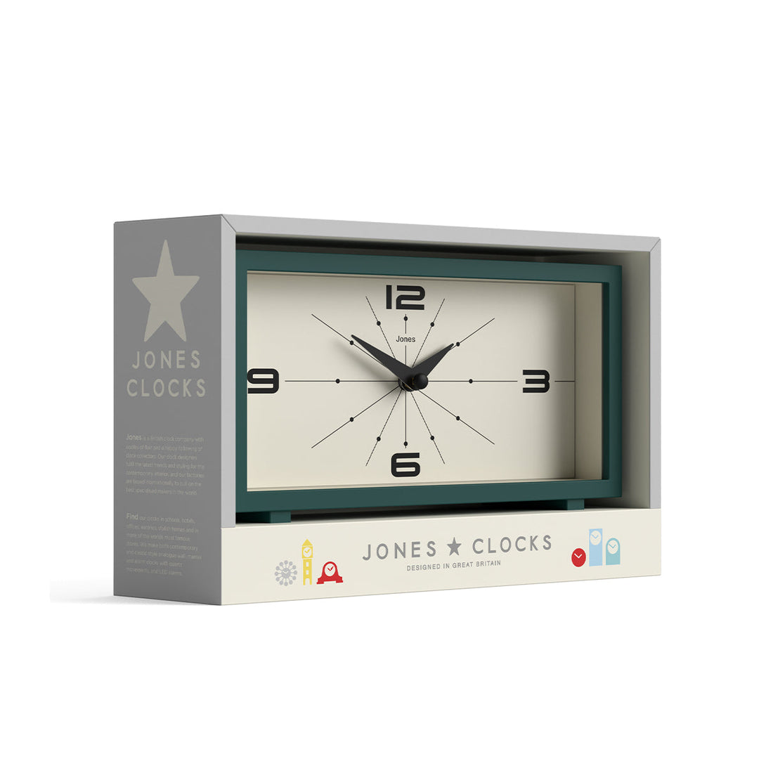 Packaging - Odeon mantel clock by Jones Clocks in eden green with a retro-inspired dial and simplified numerals, for mantelpiece, shelving, or desks - JODE95EDG