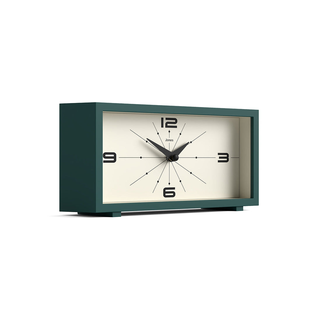 Skew - Odeon mantel clock by Jones Clocks in eden green with a retro-inspired dial and simplified numerals, for mantelpiece, shelving, or desks - JODE95EDG