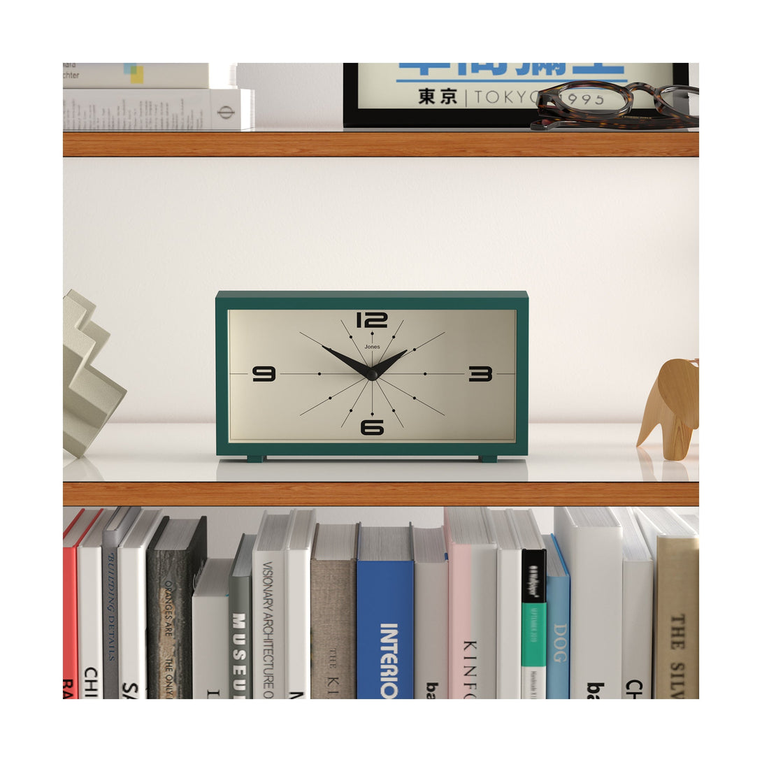 Shelving - Odeon mantel clock by Jones Clocks in eden green with a retro-inspired dial and simplified numerals, for mantelpiece, shelving, or desks - JODE95EDG