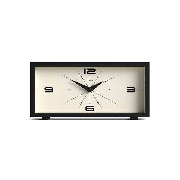 Front - Odeon mantel clock by Jones Clocks in black with a retro-inspired dial and simplified numerals, for mantelpiece, shelving, or desks - JODE95K