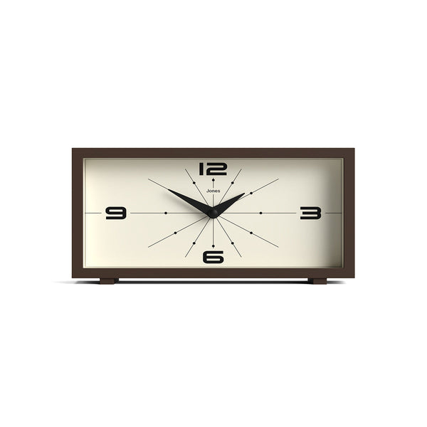 Front - Odeon mantel clock by Jones Clocks in mocha brown with a retro-inspired dial and simplified numerals, for mantelpiece, shelving, or desks - JODE95MB