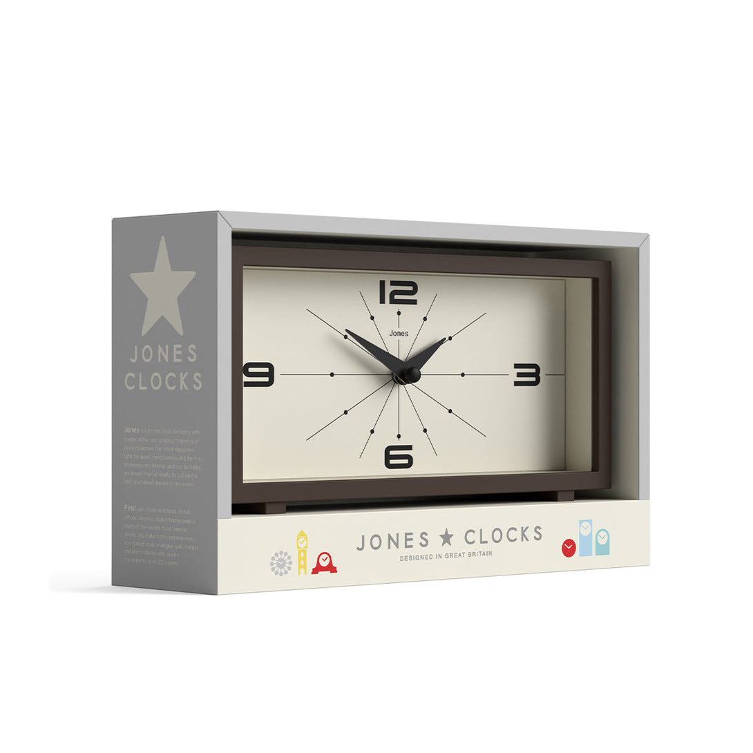 Packaging - Odeon mantel clock by Jones Clocks in mocha brown with a retro-inspired dial and simplified numerals, for mantelpiece, shelving, or desks - JODE95MB
