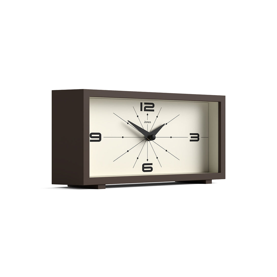 Skew - Odeon mantel clock by Jones Clocks in mocha brown with a retro-inspired dial and simplified numerals, for mantelpiece, shelving, or desks - JODE95MB