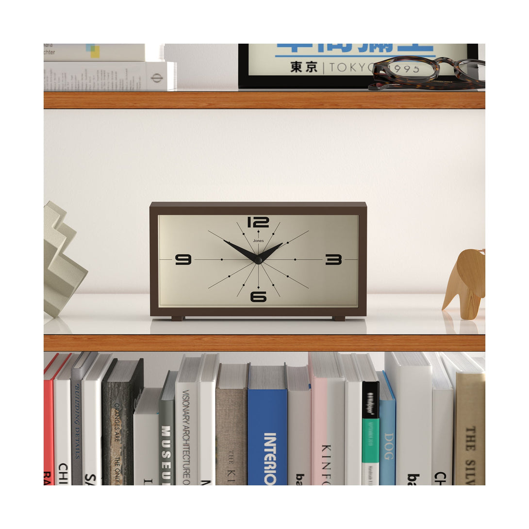 Shelving - Odeon mantel clock by Jones Clocks in mocha brown with a retro-inspired dial and simplified numerals, for mantelpiece, shelving, or desks - JODE95MB