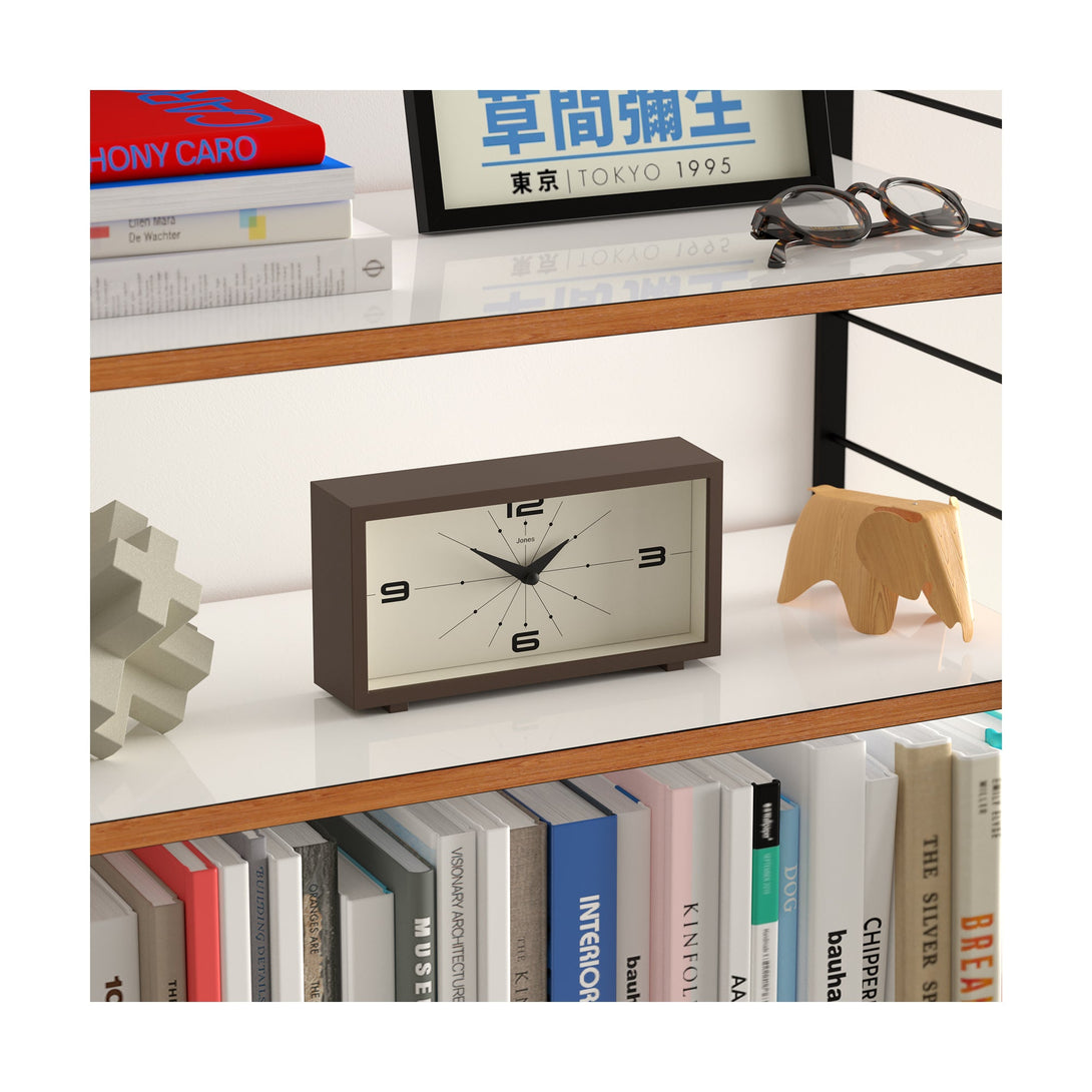Skew shelving - Odeon mantel clock by Jones Clocks in mocha brown with a retro-inspired dial and simplified numerals, for mantelpiece, shelving, or desks - JODE95MB
