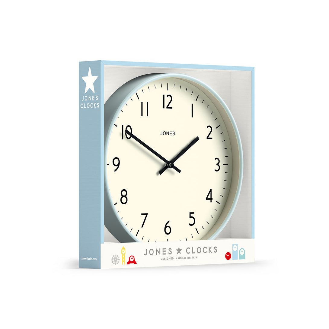 Packaging - Studio wall clock by Jones Clocks in pale blue with an easy-to-read and minimalistic dial - JPEN52CBL