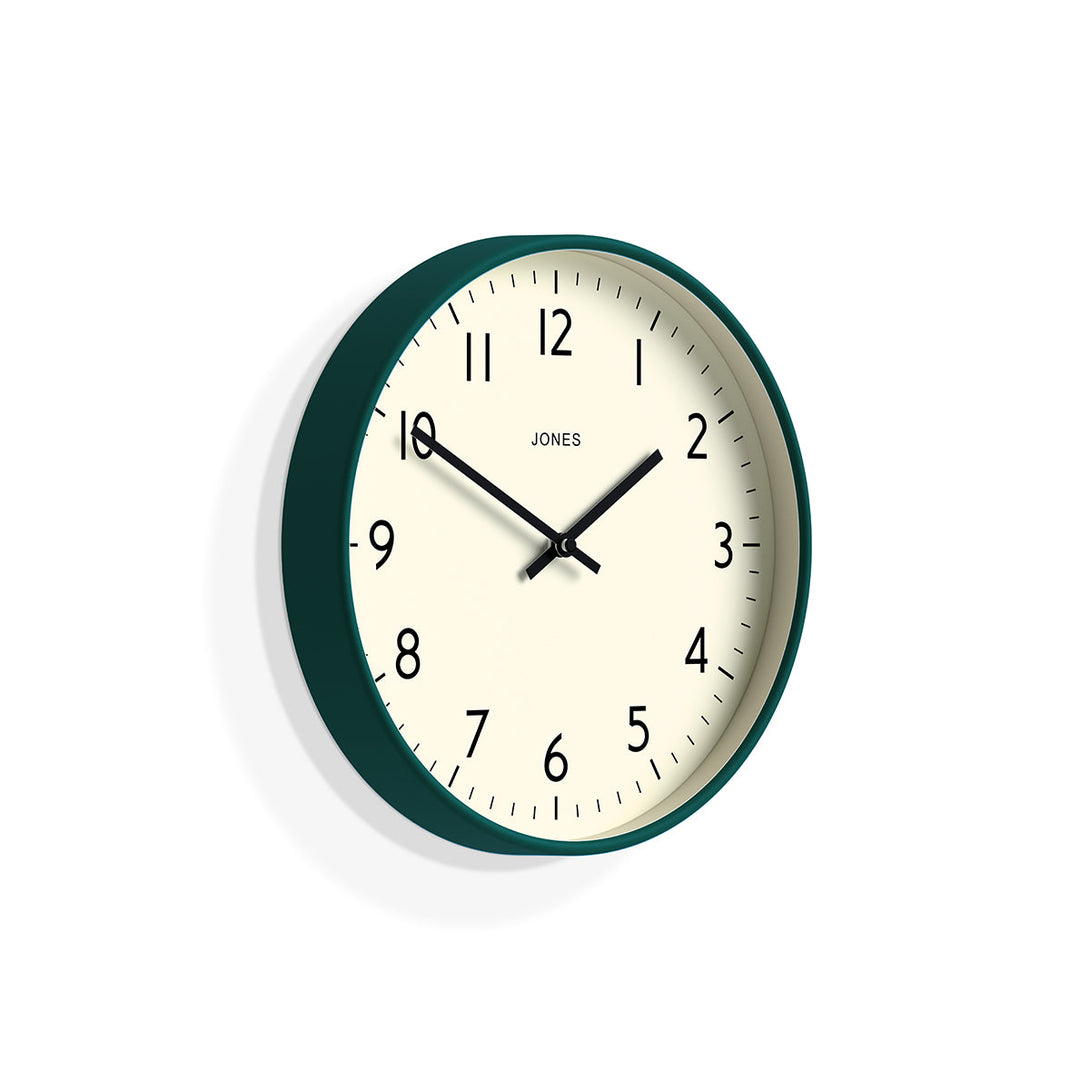 Skew - Studio wall clock by Jones Clocks in eden green with an easy-to-read and minimalistic dial - JPEN52EDG