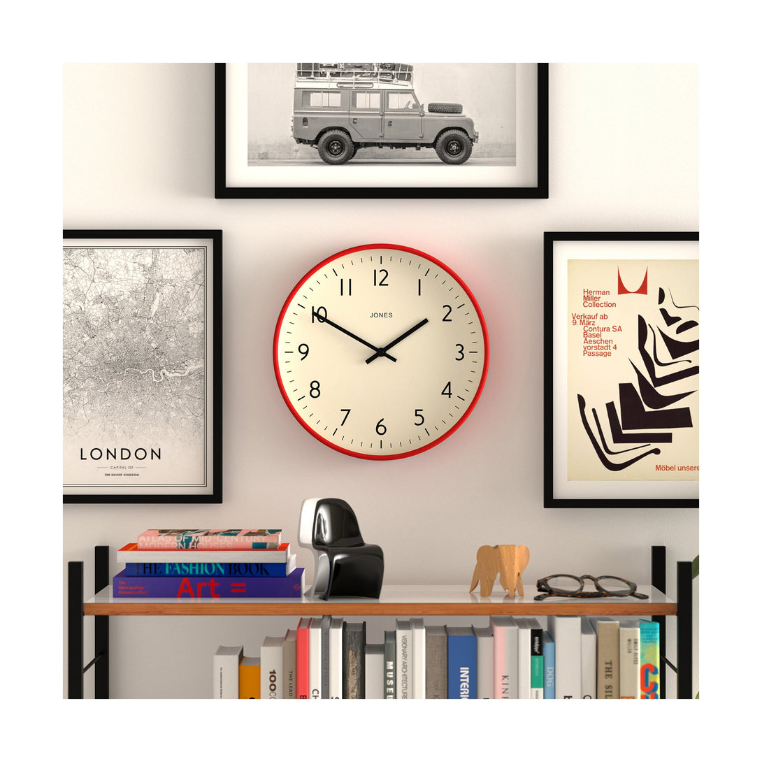 Gallery wall - Studio wall clock by Jones Clocks in red with an easy-to-read and minimalistic dial - JPEN52R