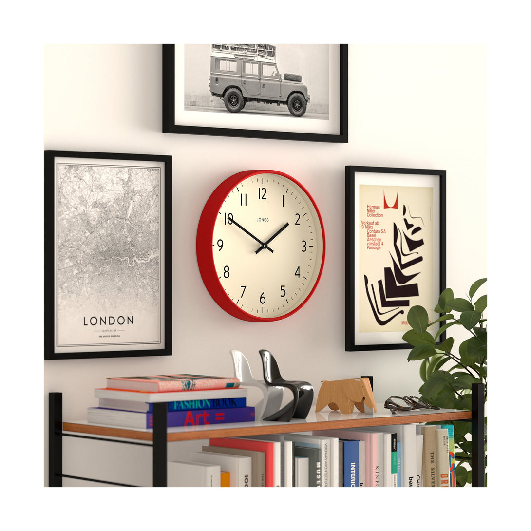 Skew gallery wall - Studio wall clock by Jones Clocks in red with an easy-to-read and minimalistic dial - JPEN52R