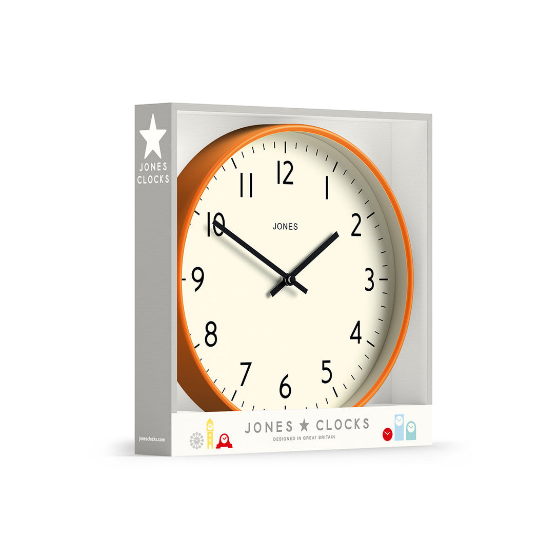 Packaging - Studio wall clock by Jones Clocks in orange with an easy-to-read and minimalistic dial - JPEN52FO