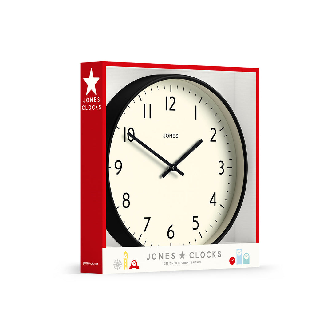 Packaging - Studio wall clock by Jones Clocks in black with an easy-to-read and minimalistic dial - JPEN52K