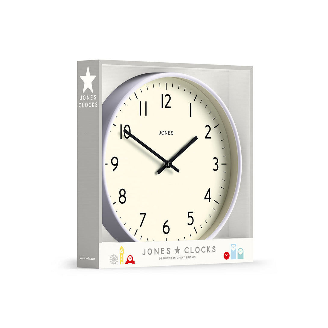 Packaging - Studio wall clock by Jones Clocks in lavender with an easy-to-read and minimalistic dial - JPEN52LAV