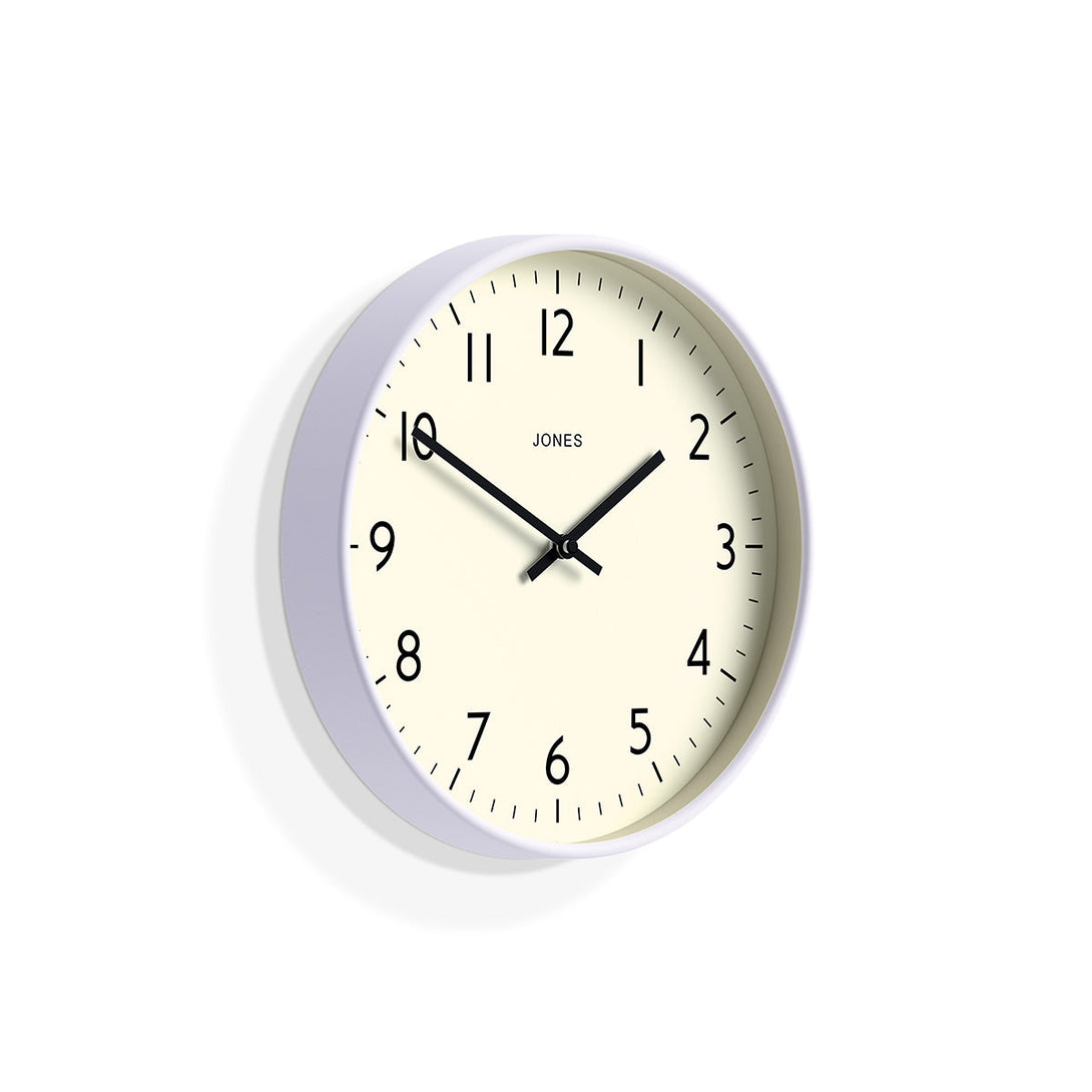 Skew - Studio wall clock by Jones Clocks in lavender with an easy-to-read and minimalistic dial - JPEN52LAV