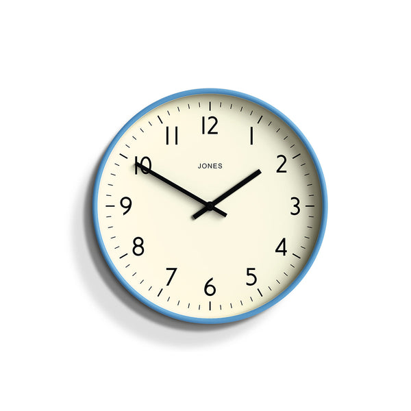 Front - Studio wall clock by Jones Clocks in blue with an easy-to-read and minimalistic dial - JPEN52MBL