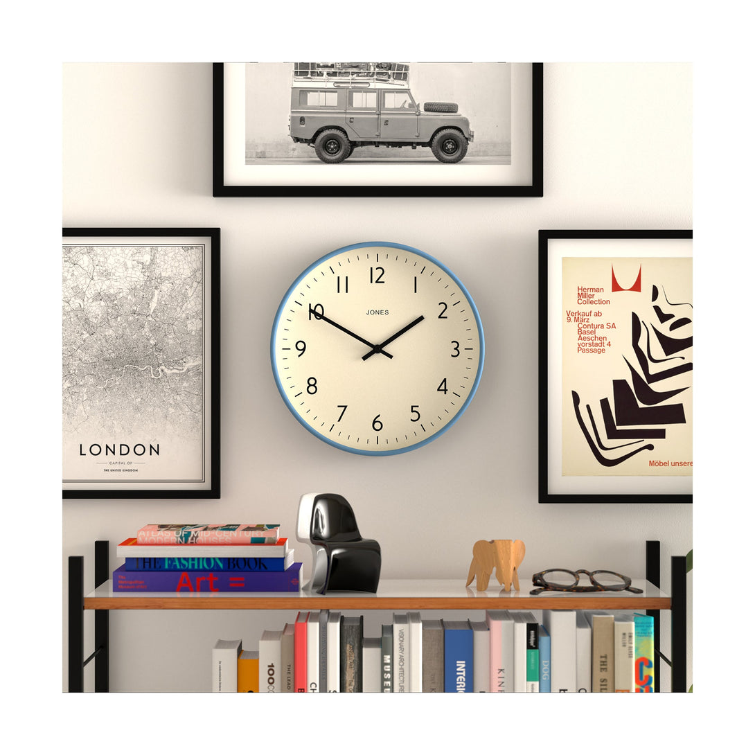 Gallery - Studio wall clock by Jones Clocks in blue with an easy-to-read and minimalistic dial - JPEN52MBL