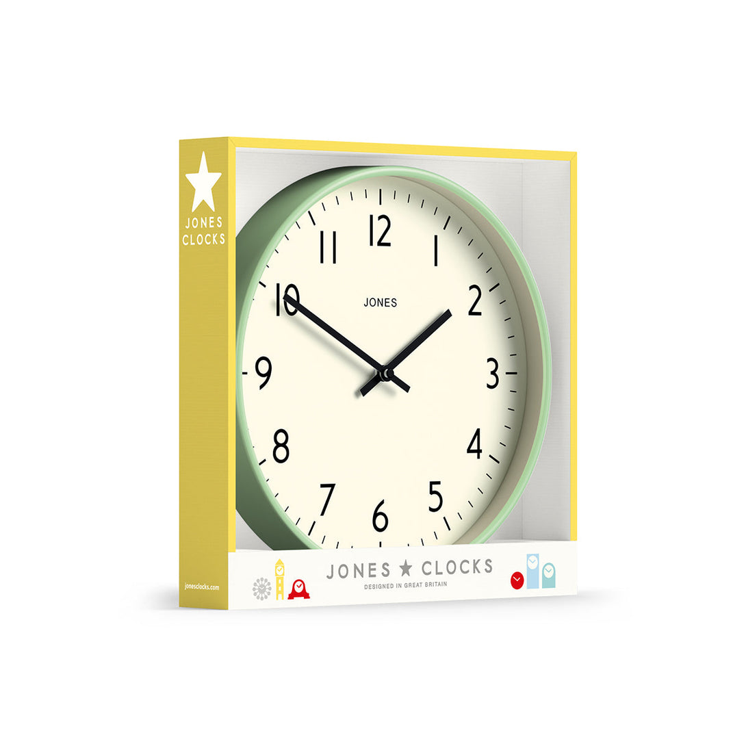 Packaging - Studio wall clock by Jones Clocks in mint green with an easy-to-read and minimalistic dial - JPEN52NM