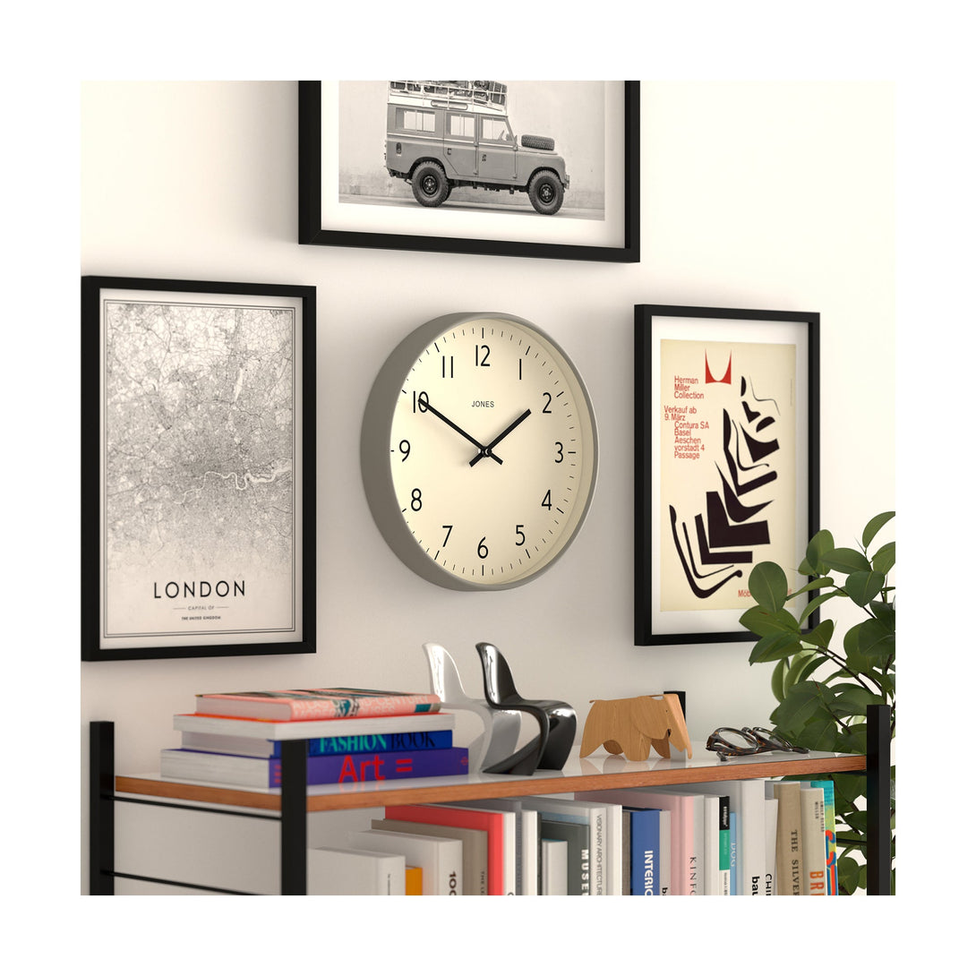 Skew gallery wall - Studio wall clock by Jones Clocks in light grey with an easy-to-read and minimalistic dial - JPEN52PGY