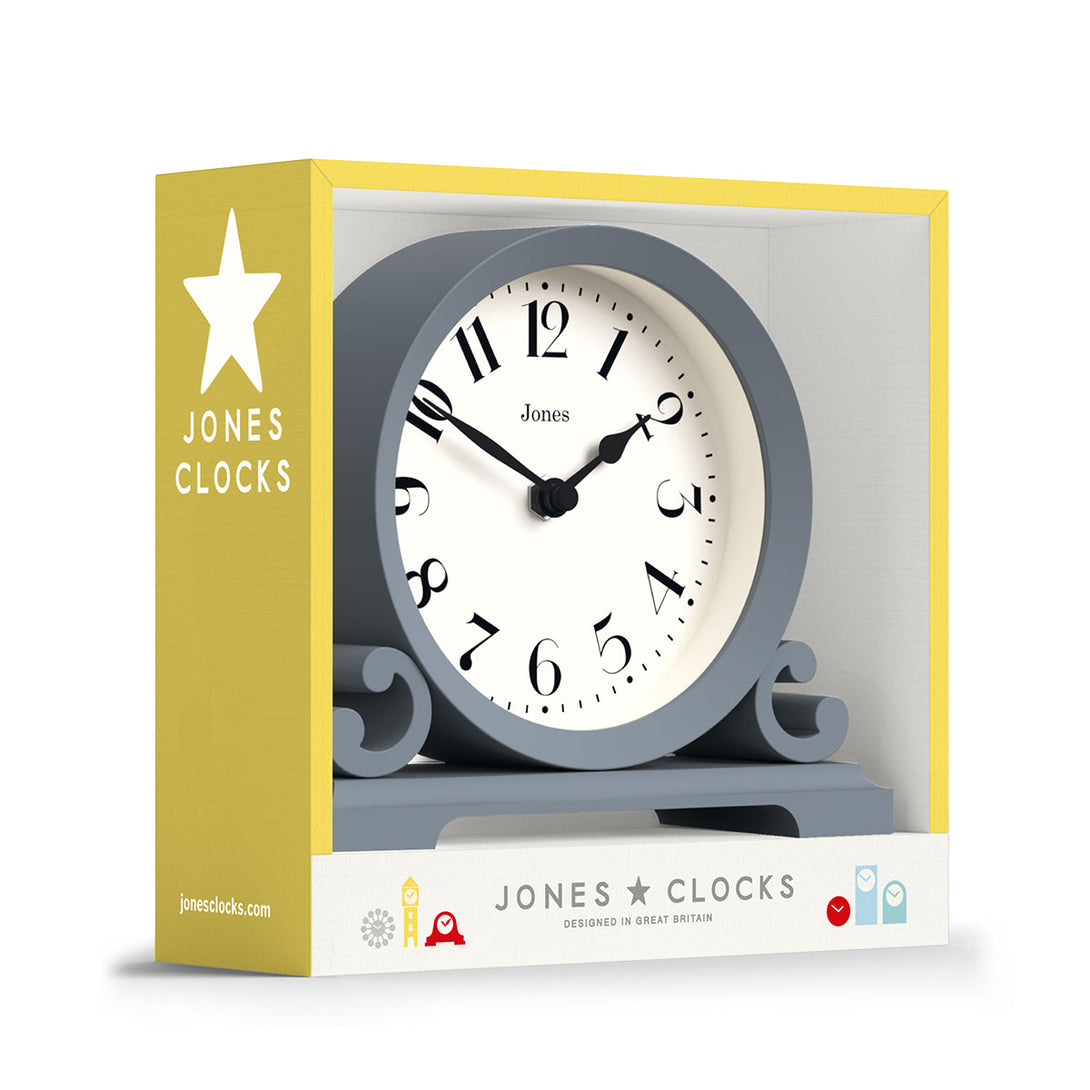 Packaging - Saloon decorative mantel clock by Jones Clocks in French navy with a modern stylistic Arabic dial and metal spade hands - JSAL192FN