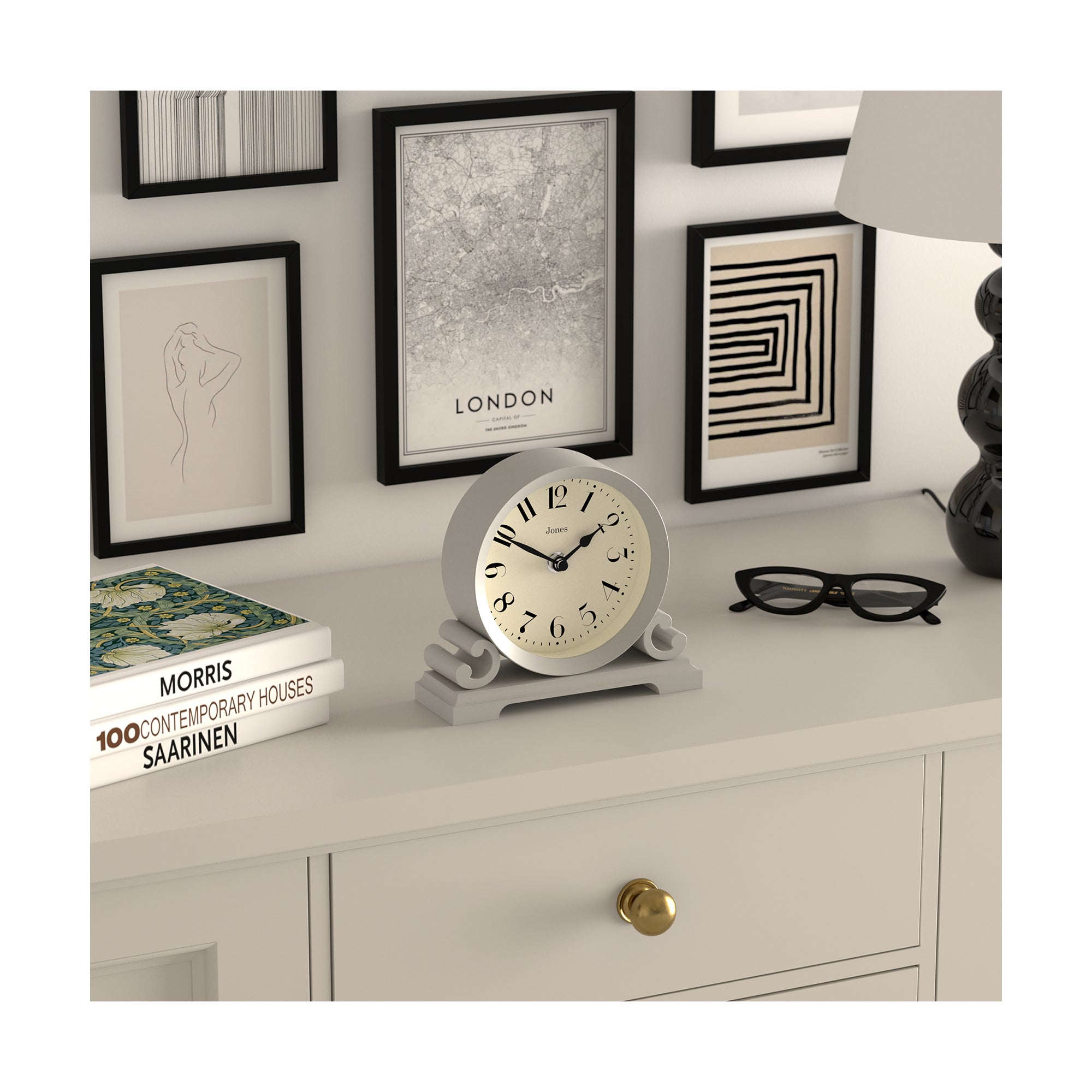 Jones Clock Design Jones Saloon mantel clock in cloud grey – Jones Clocks