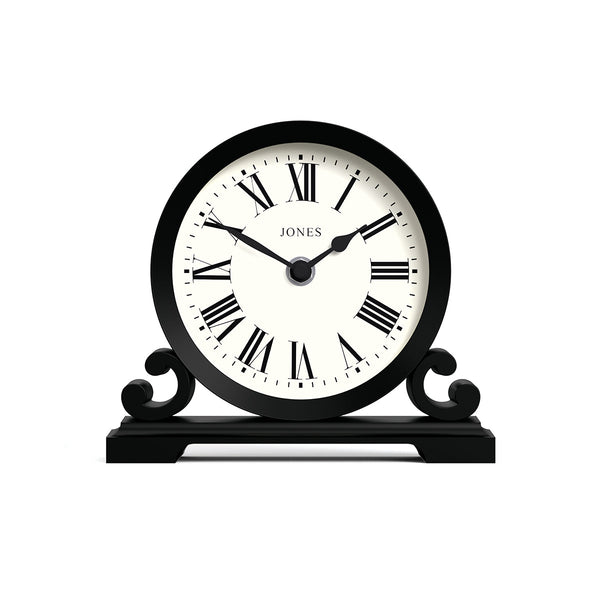 Front - Saloon decorative mantel clock by Jones Clocks in black with a modern stylistic Roman numeral dial and metal spade hands - JSAL319K