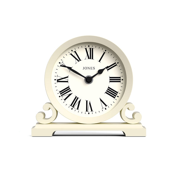 Front - Saloon decorative mantel clock by Jones Clocks in white linen with a modern stylistic Roman numeral dial and metal spade hands - JSAL319LW