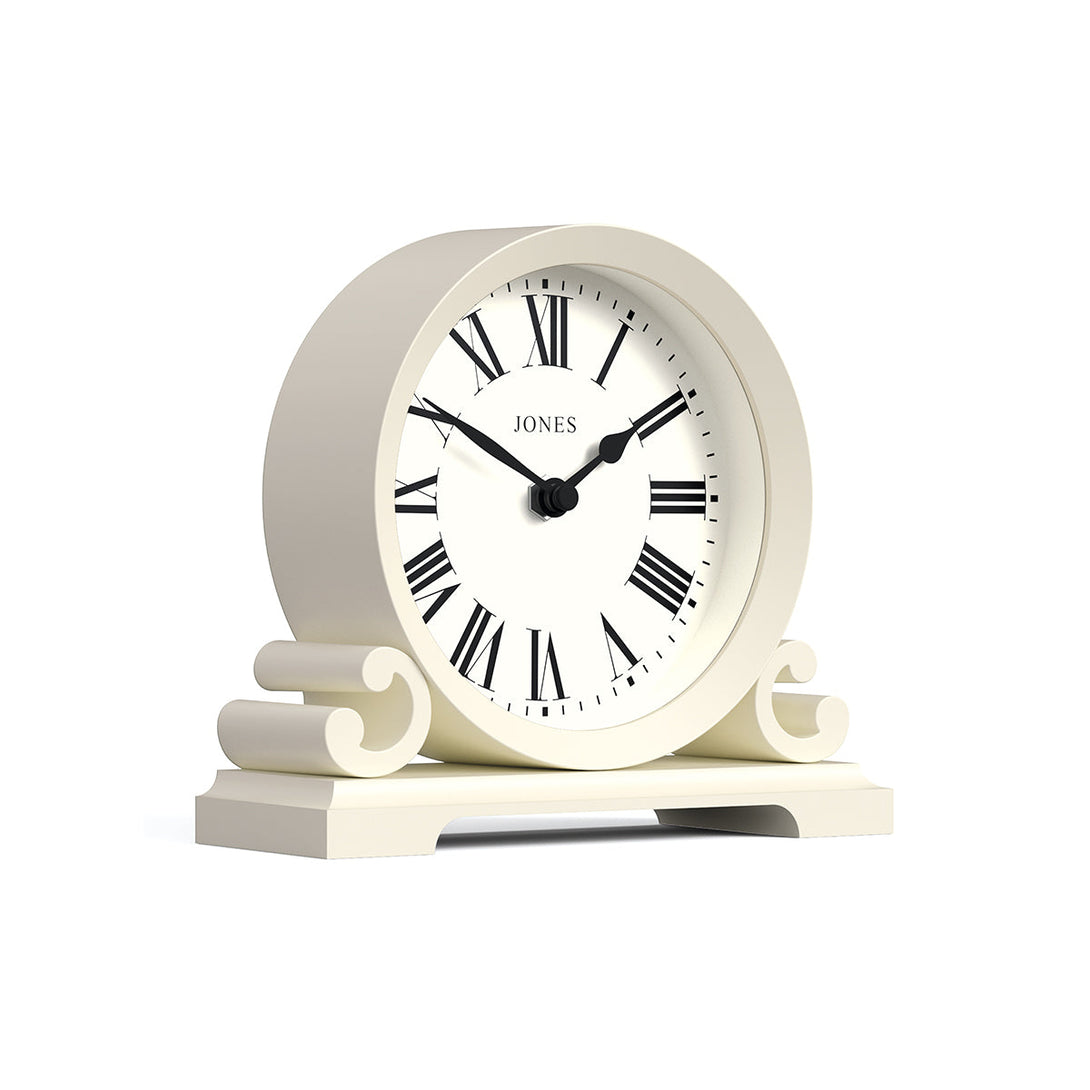Skew - Saloon decorative mantel clock by Jones Clocks in white linen with a modern stylistic Roman numeral dial and metal spade hands - JSAL319LW