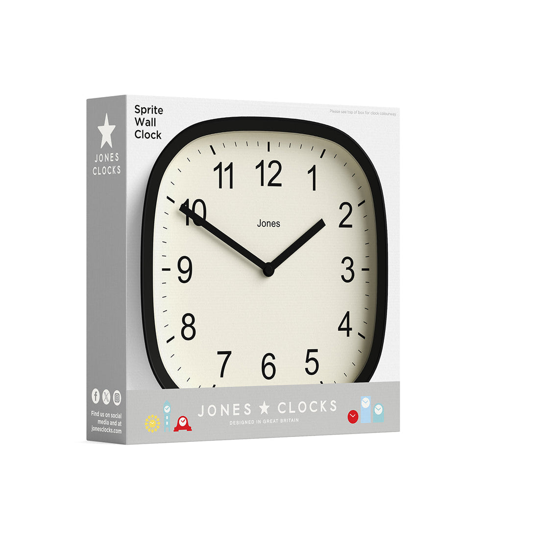 Packaging - Sprite wall clock By Jones Clocks with a rounded square case in a mint green. Clear contemporary Arabic dial - JSPARV104NM