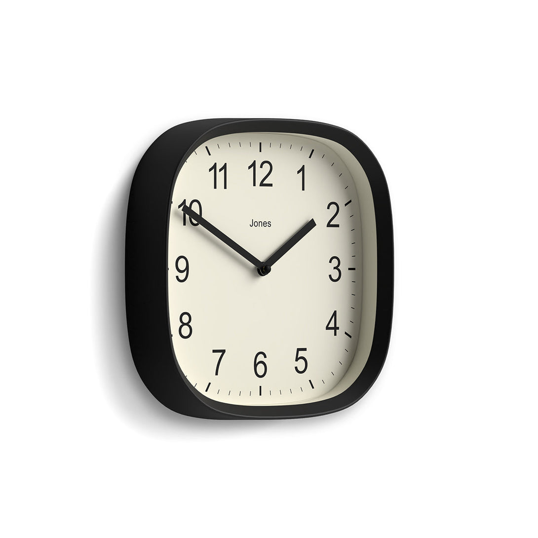 Skew - Sprite wall clock By Jones Clocks with a rounded square case in a black. Clear contemporary Arabic dial - JSPARV104K