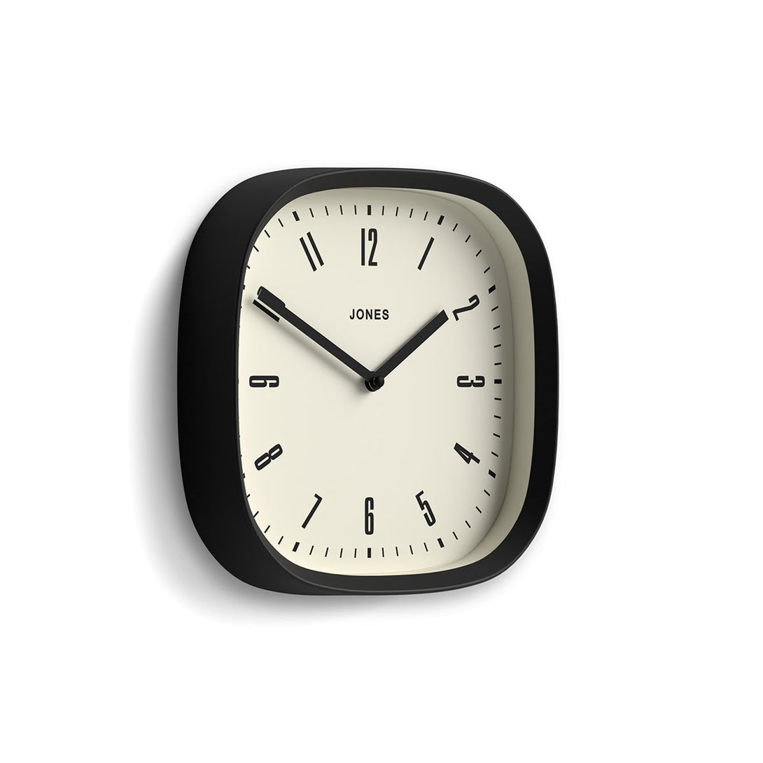 Skew - Marvel wall clock By Jones Clocks with a rounded square case in black. Retro style dial with black baton hands - JSPARV145K