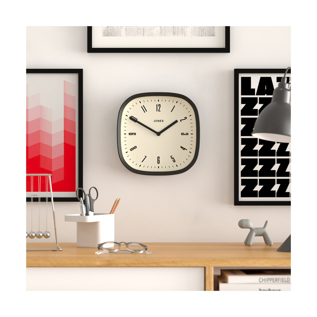 Office - Marvel wall clock By Jones Clocks with a rounded square case in black. Retro style dial with black baton hands - JSPARV145K