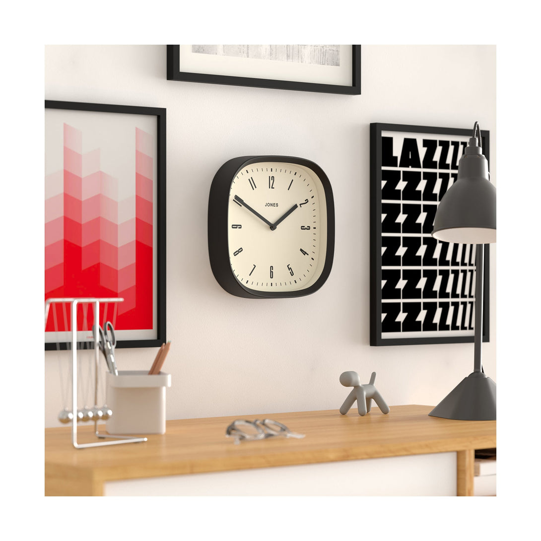 Office skew - Marvel wall clock By Jones Clocks with a rounded square case in black. Retro style dial with black baton hands - JSPARV145K