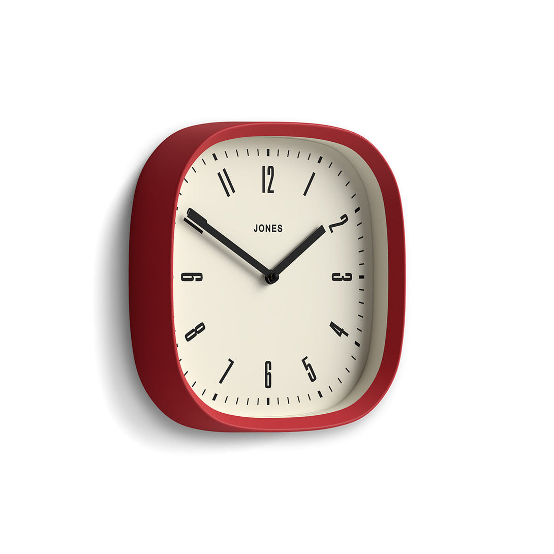 Skew - Marvel wall clock By Jones Clocks with a rounded square case in flag red. Retro style dial with black baton hands - JSPARV145FR