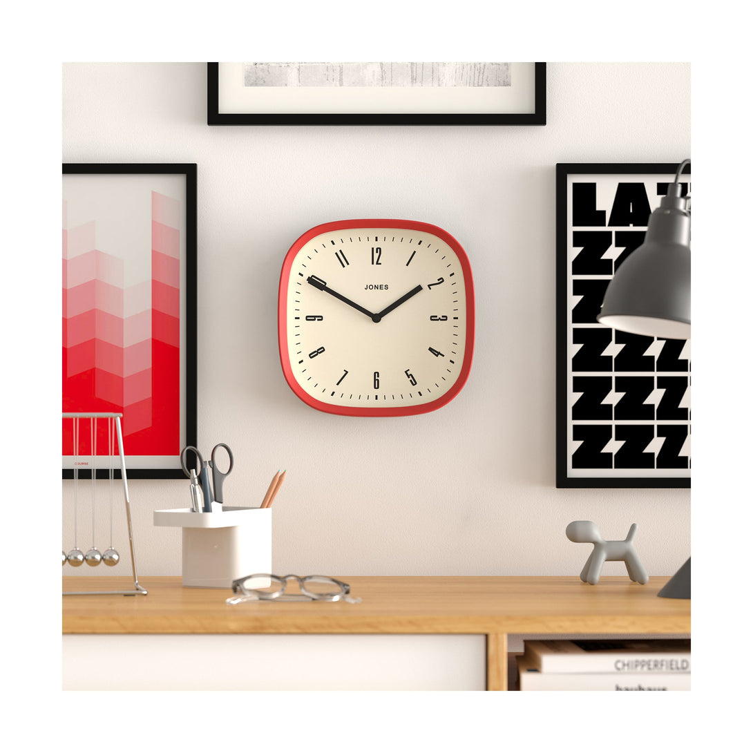 Office - Marvel wall clock By Jones Clocks with a rounded square case in flag red. Retro style dial with black baton hands - JSPARV145FR