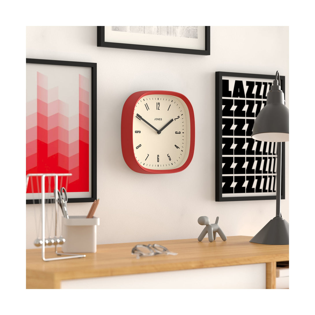 Office skew - Marvel wall clock By Jones Clocks with a rounded square case in flag red. Retro style dial with black baton hands - JSPARV145FR