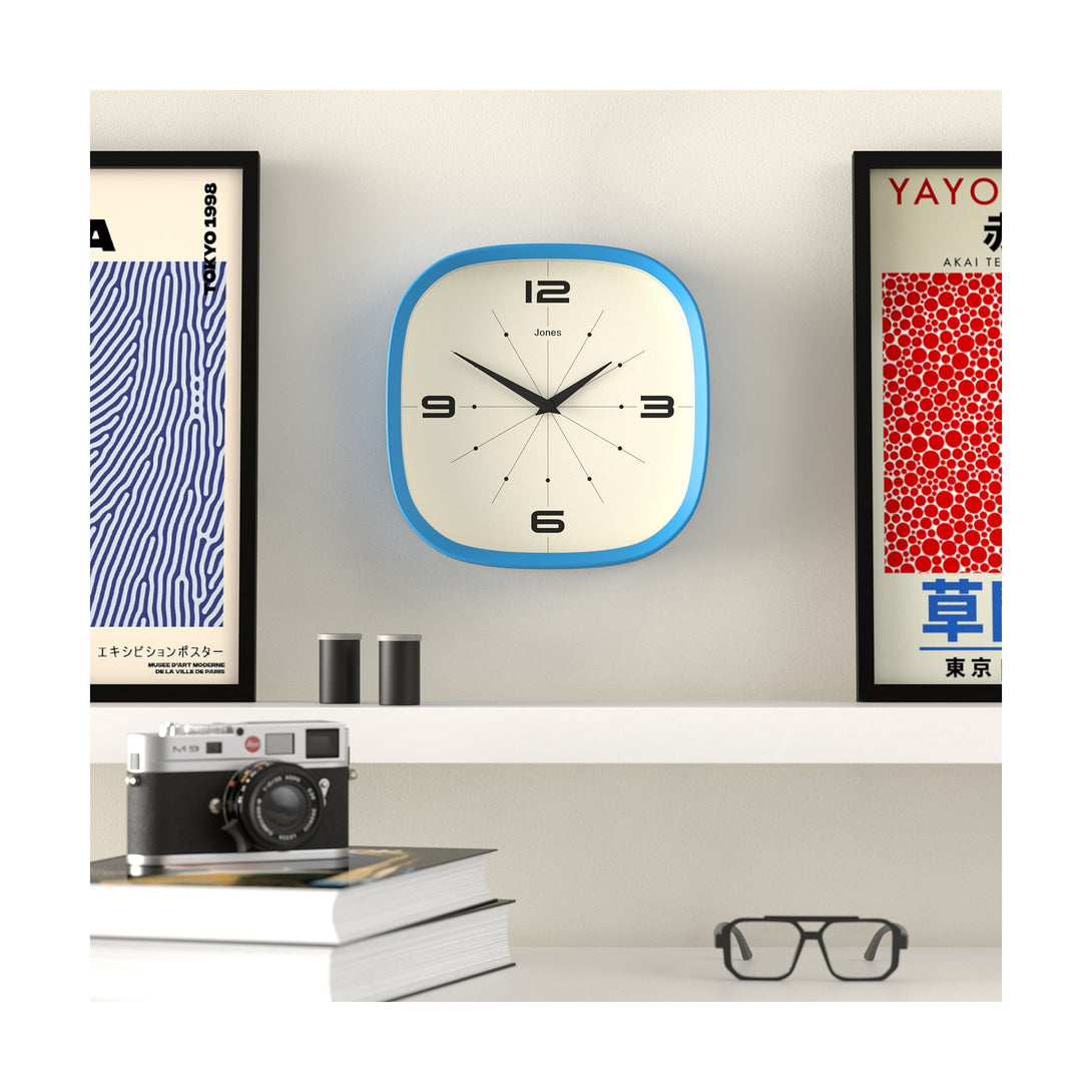 Living room - Pulsar wall clock By Jones Clocks with a rounded square case in Mid Blue. Retro-inspired simplified dial - JSPARV179MBL